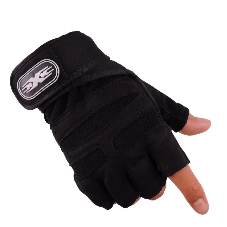 Black gym gloves with a padded grip and wrist strap for home workouts.