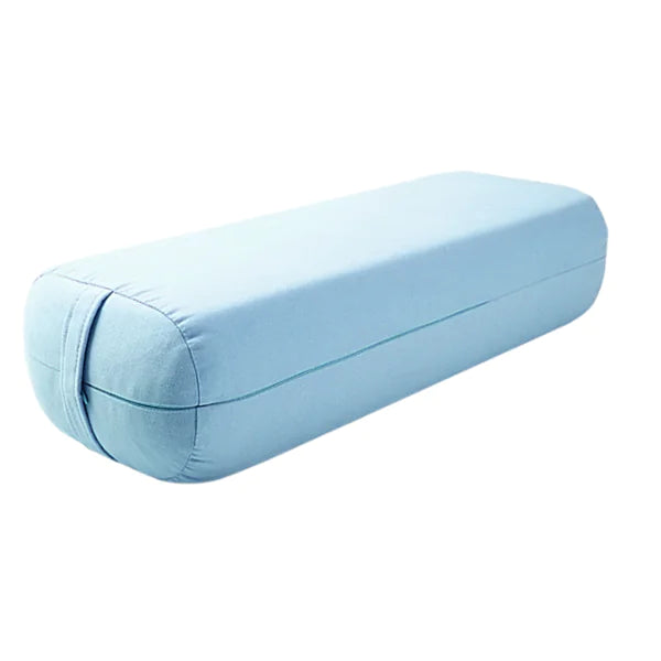 Blue supportive yoga pillow with dual-purpose design for neck and lumbar support during practice.