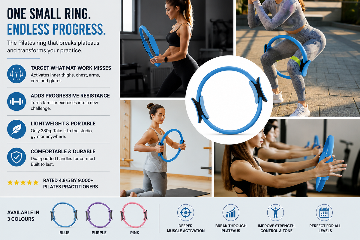 Flexible resistance ring for inner thigh, arm, and core Pilates exercises.