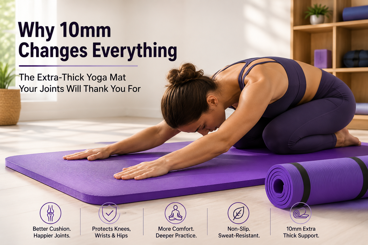 Yogi practicing downward dog on a thick non-slip yoga mat.
