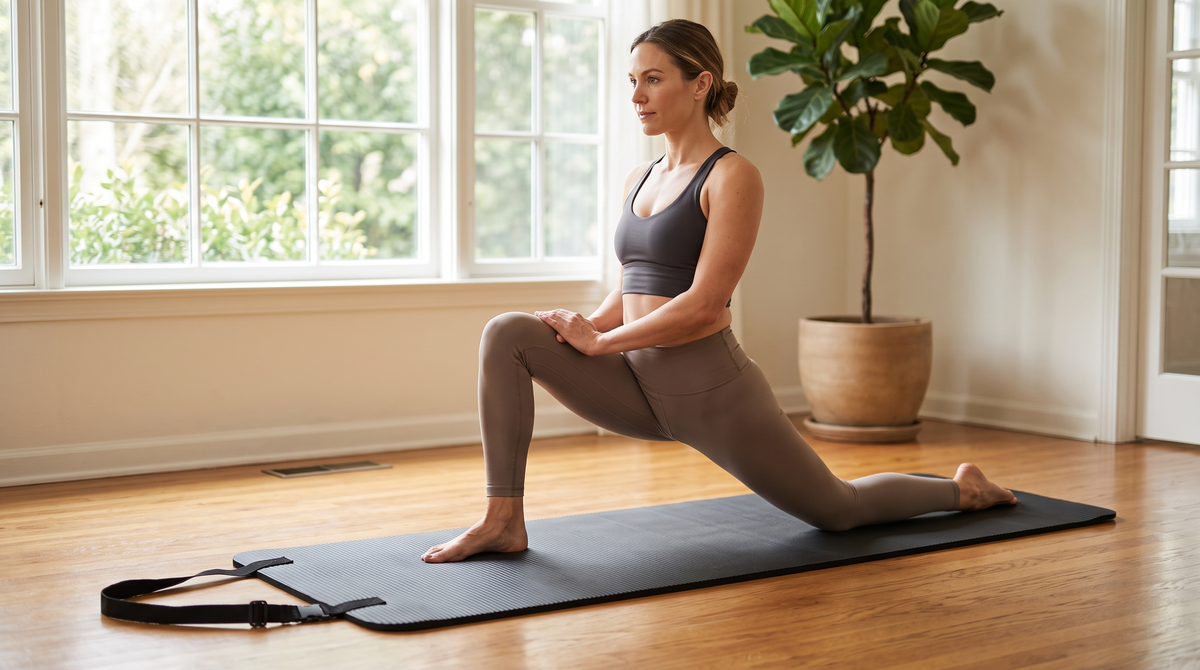 Woman holding a low lunge yoga pose on a black striped yoga mat with alignment guides in a bright living room