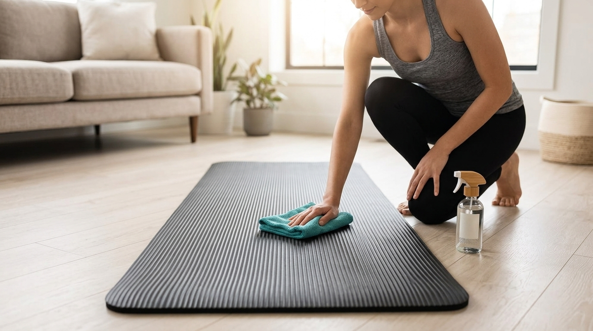 Woman wiping down a black striped non-slip yoga mat with a microfiber cloth and spray bottle in a bright living room