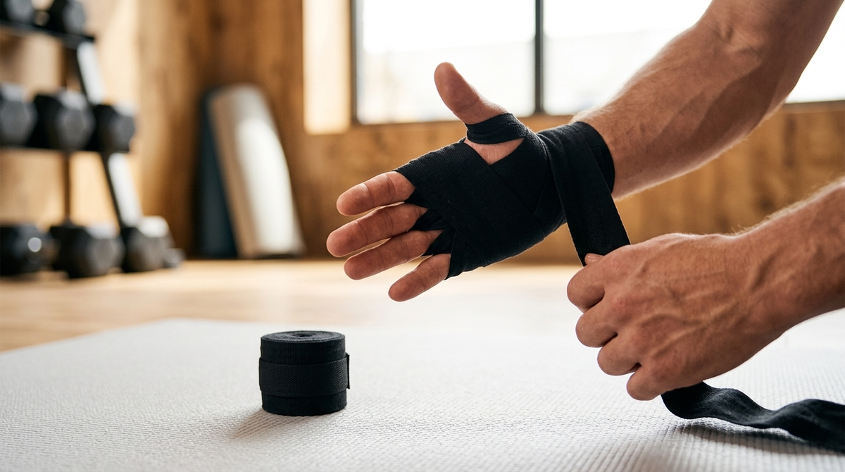 Boxer wrapping a black cotton boxing hand wrap around the wrist and knuckles in a home gym, with a rolled wrap on the mat