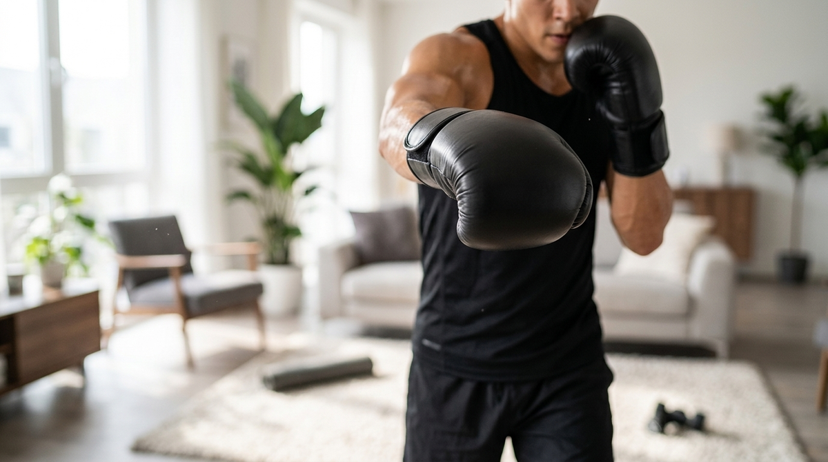 A person throwing a straight right cross in plain black boxing gloves while training at home