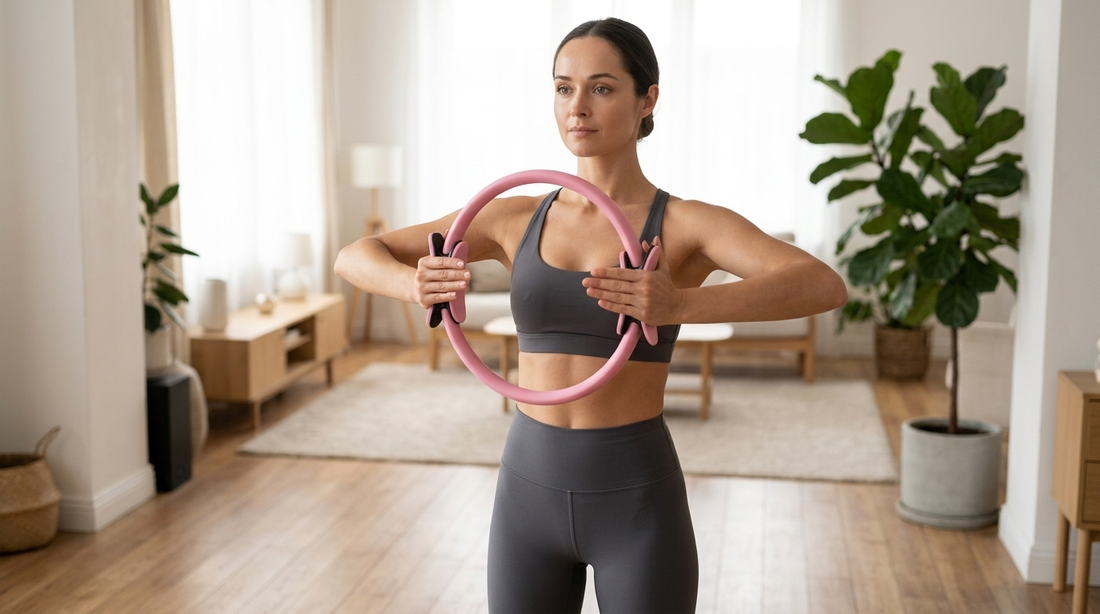 Woman doing a Pilates chest press with a resistance ring in a bright home living room