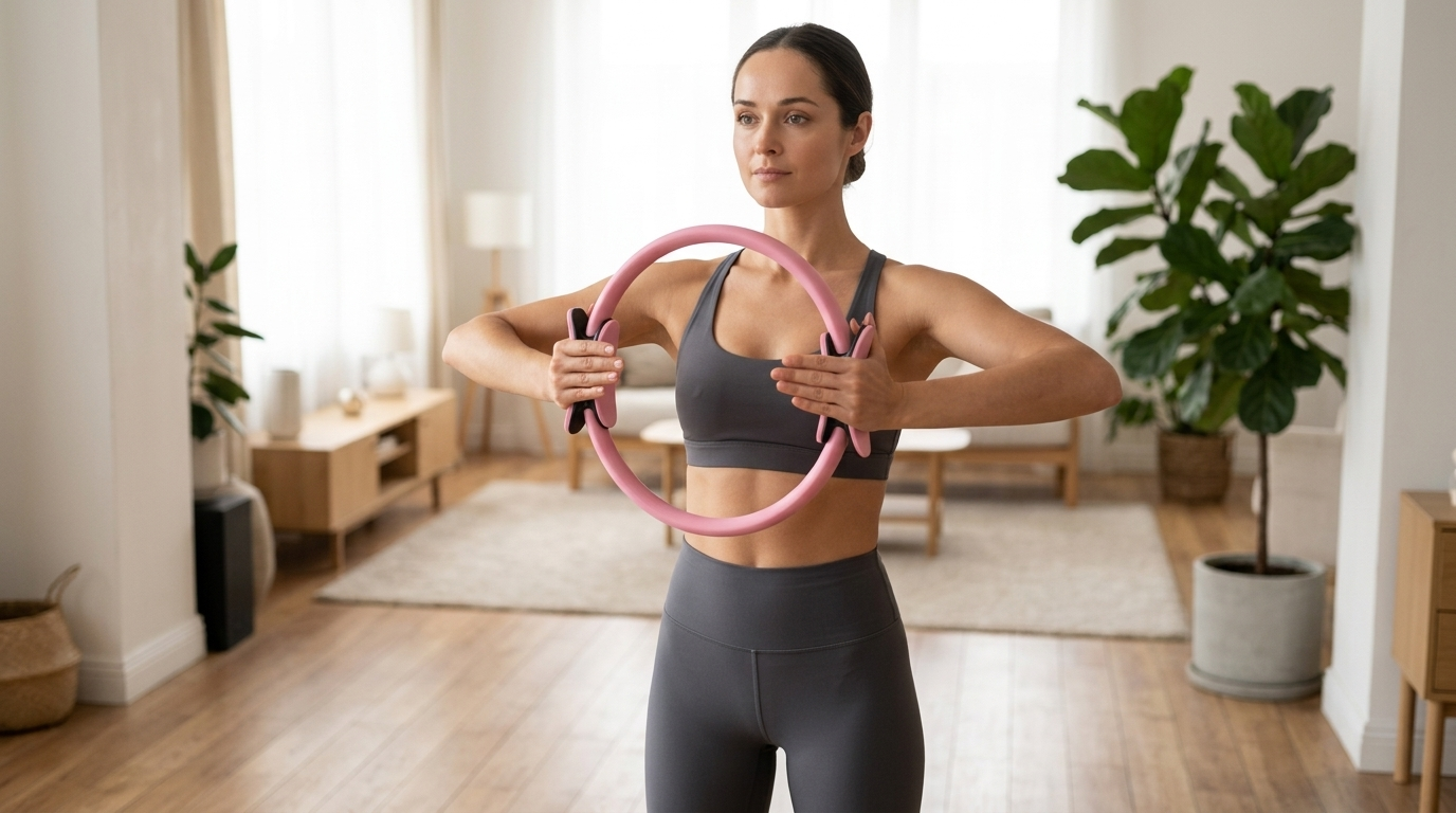 Woman doing a Pilates chest press with a resistance ring in a bright home living room