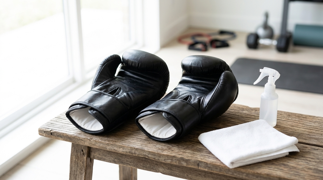 Black boxing gloves opened up to air out on a wooden bench by a window, with a cloth and spray bottle ready for cleaning