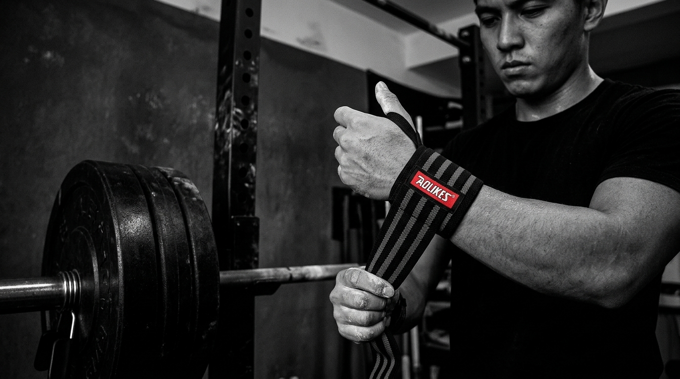 Lifter wrapping their wrist with Becketts Active wrist wraps before a heavy lift