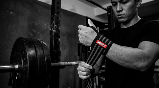 Lifter wrapping their wrist with Becketts Active wrist wraps before a heavy lift