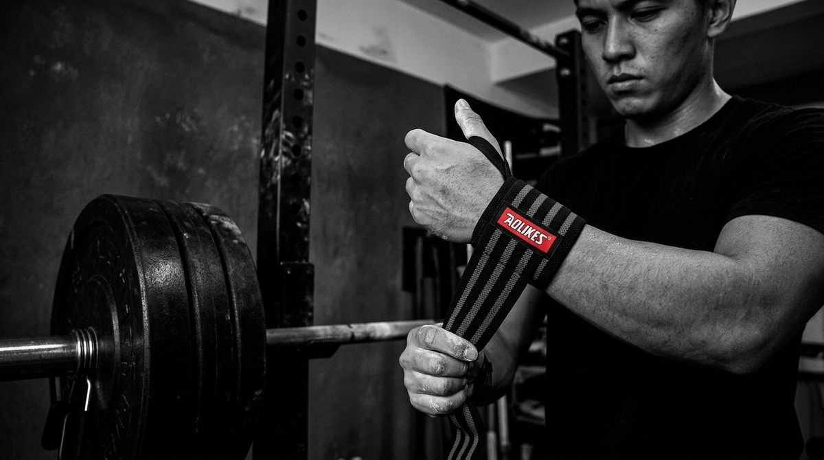 Lifter wrapping their wrist with Becketts Active wrist wraps before a heavy lift