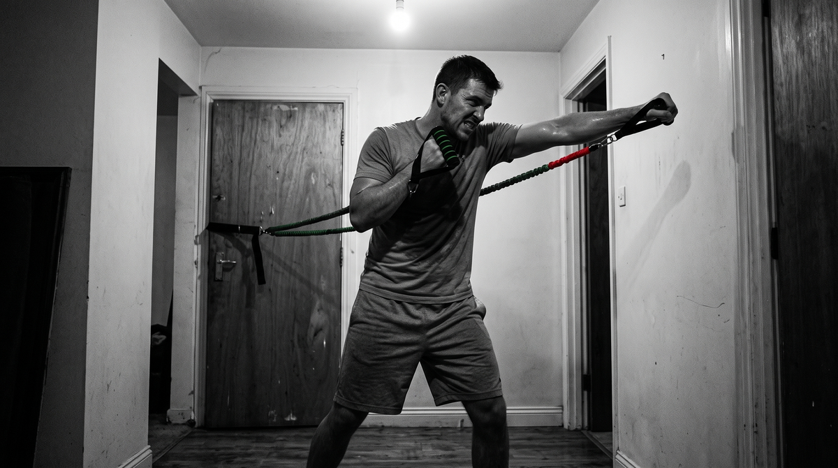 Boxer at home throwing a resistance band anchored punch, black and white photo