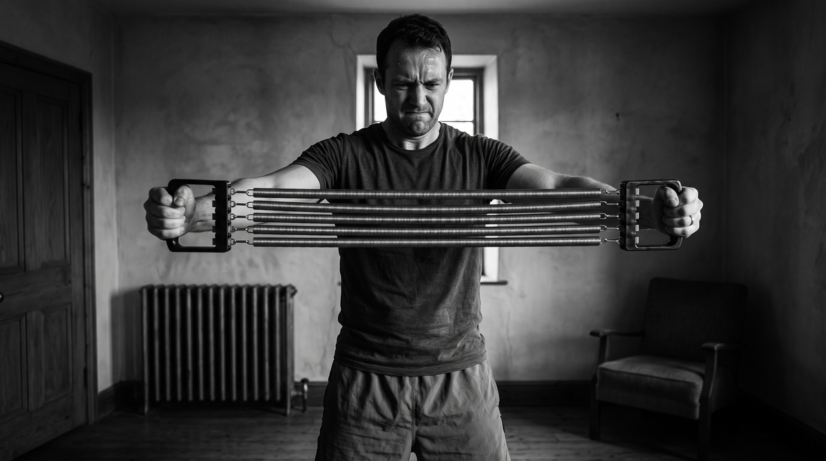 Black and white photo of a person at home doing a standing chest press-out with a chest expander, arms extended against spring tension
