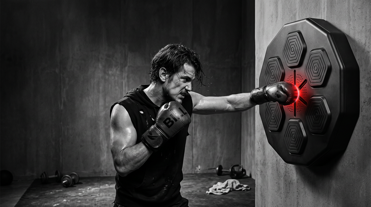 Person at home mid-punch reacting to a wall-mounted electronic boxing target, black and white photo