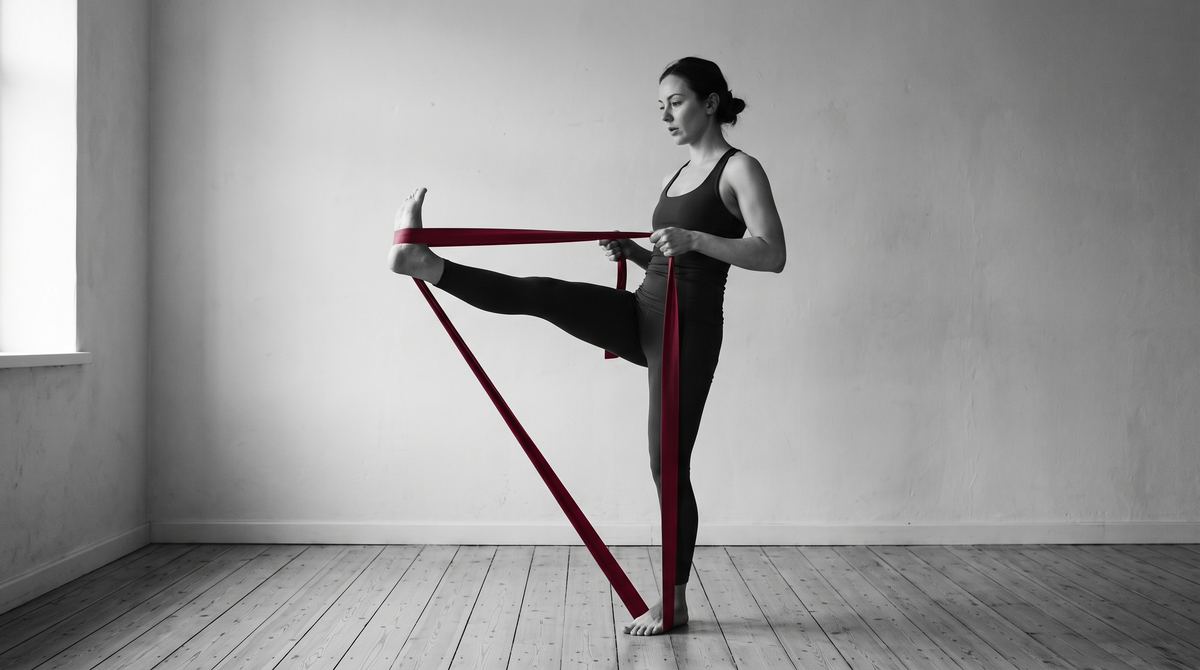 Person doing a standing hamstring stretch at home with a full-length resistance band looped around one foot