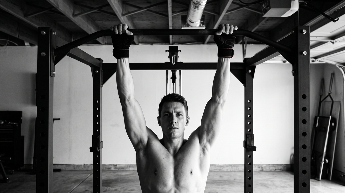 Person doing a dead hang from a pull-up bar at home wearing gym gloves with palm protection