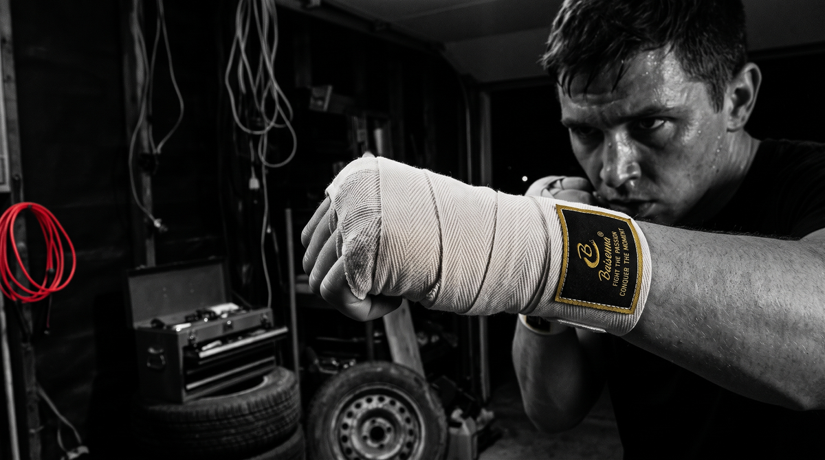 Person at home mid shadow-boxing combo wearing elastic hand wraps