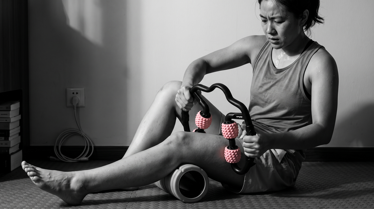 Black and white photo of a person foam rolling their quad and hamstring at home after a workout with a tired, honest expression
