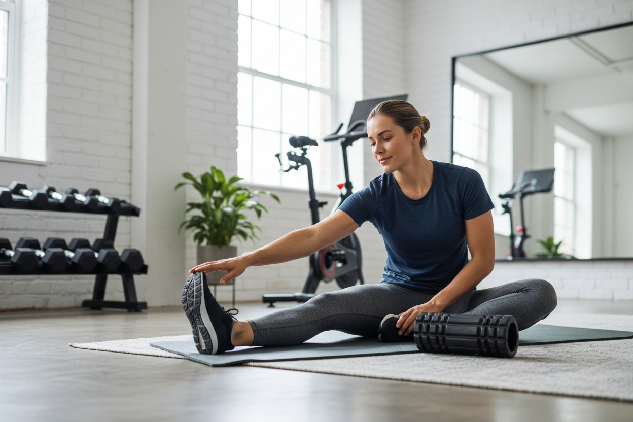 Woman stretching and recovering after a workout with foam roller nearby.