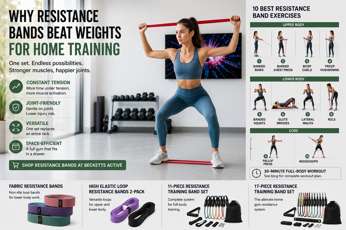 Woman performing resistance band exercises including squats, rows, and presses.