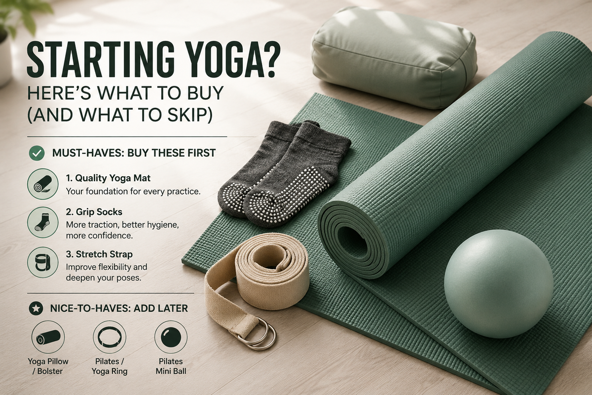 Complete yoga equipment guide showing mat, blocks, straps, and bolster.