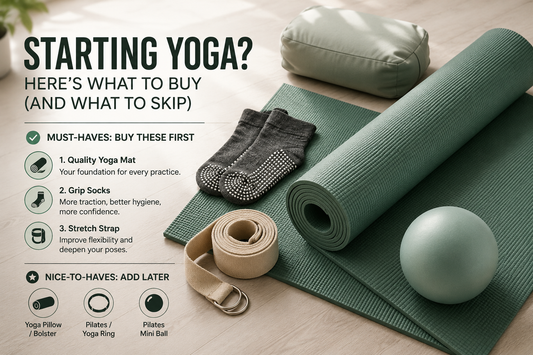 Complete yoga equipment guide showing mat, blocks, straps, and bolster.
