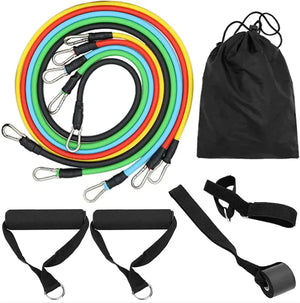 Set of resistance bands and accessories on a white background.