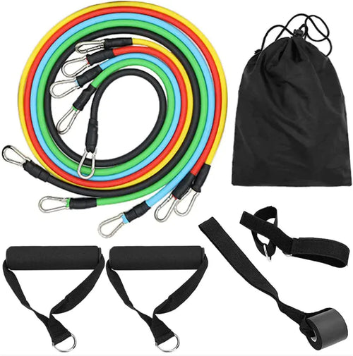 Set of resistance bands and accessories on a white background.