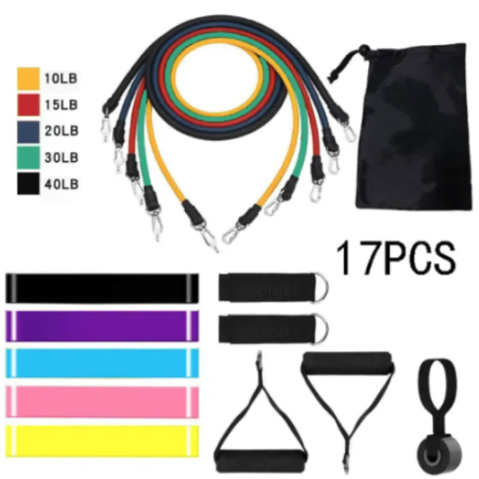Set of 17-piece resistance bands in various colors with a carrying bag on a white background