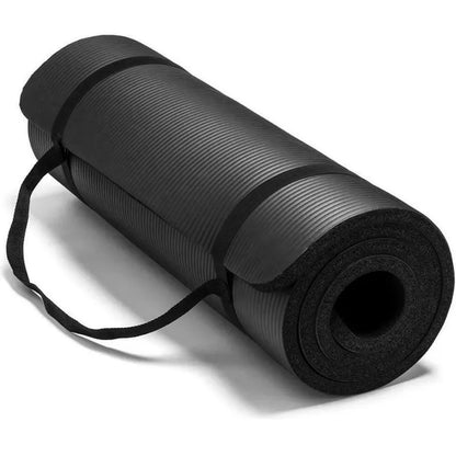 Black Colored Non-Slip Yoga Exercise Mat for Indoor Workouts and Stretching.