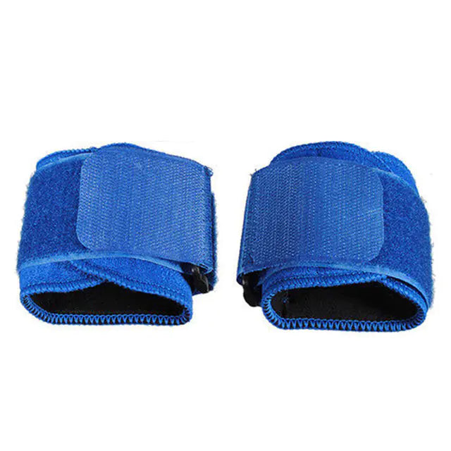 Adjustable blue wrist straps with flexible sizing for secure, comfortable wrist support during workouts.