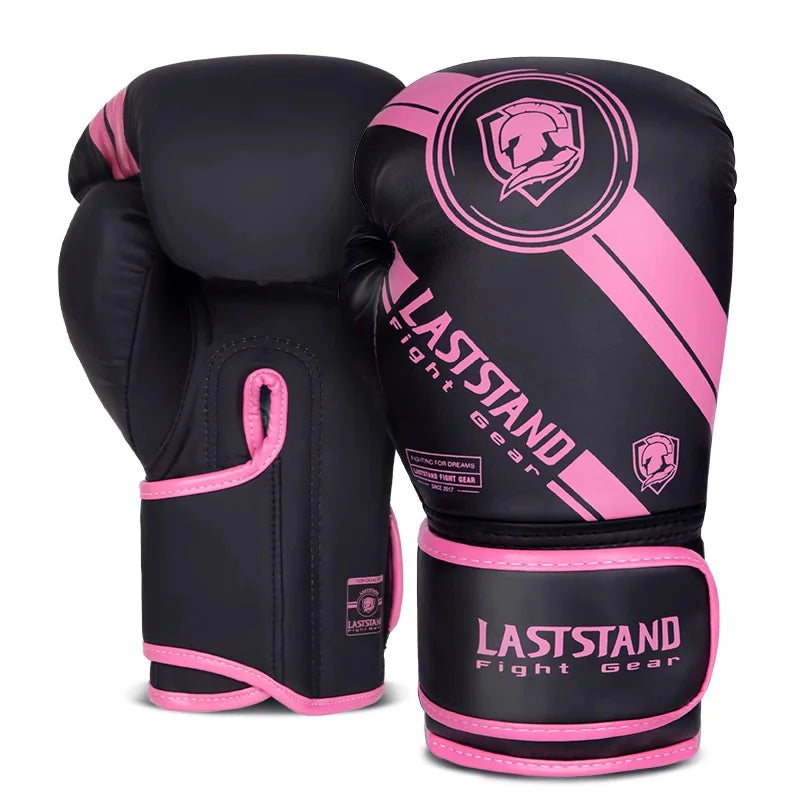 Black pink boxing training gloves with reinforced padding for sparring and heavy bag workouts.