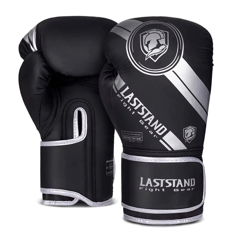 Black silver boxing training gloves with reinforced padding for sparring and heavy bag workouts.