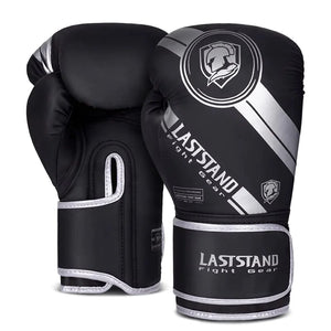 Black silver boxing training gloves with reinforced padding for sparring and heavy bag workouts.