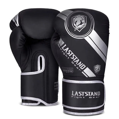 Black silver boxing training gloves with reinforced padding for sparring and heavy bag workouts.
