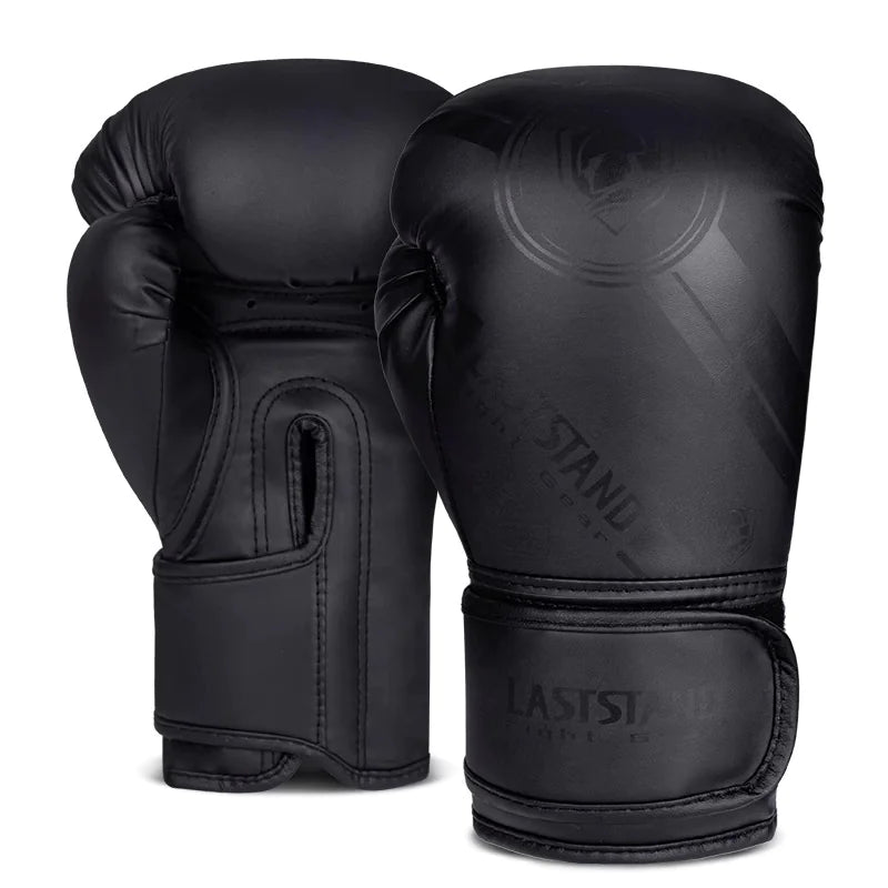 Pure black boxing training gloves with reinforced padding for sparring and heavy bag workouts.