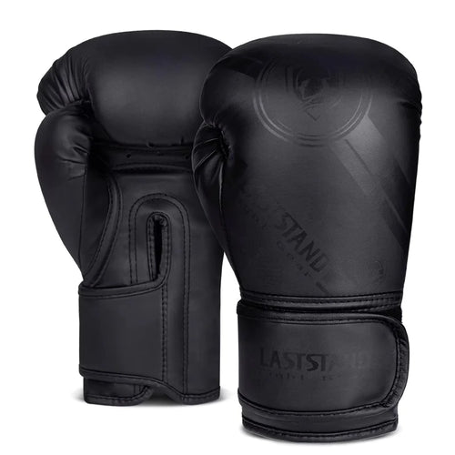 Pure black boxing training gloves with reinforced padding for sparring and heavy bag workouts.