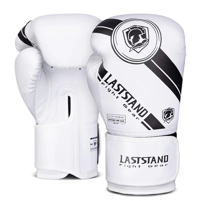 White and black boxing training gloves with reinforced padding for sparring and heavy bag workouts.