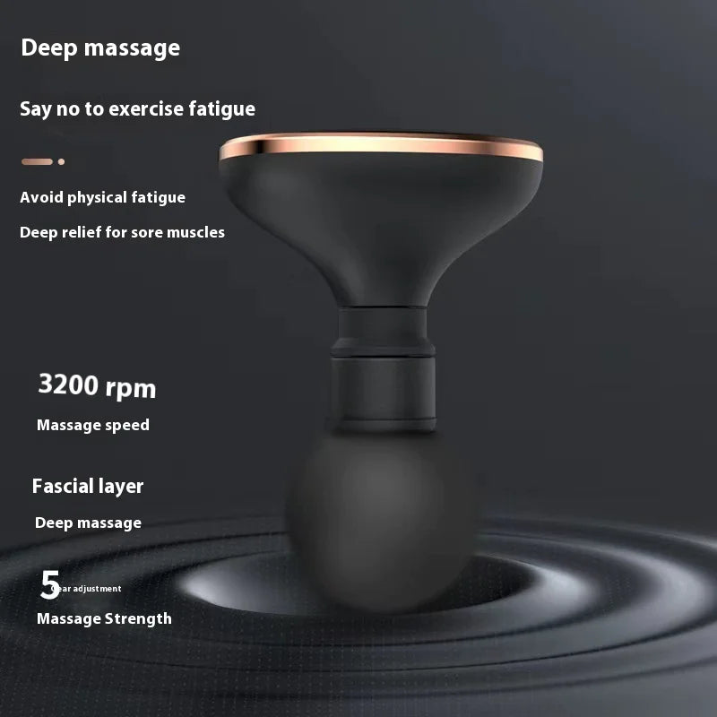 Black mini percussion muscle massager with text features.