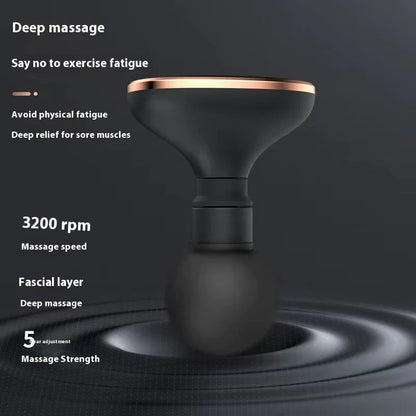 Black mini percussion muscle massager with text features.