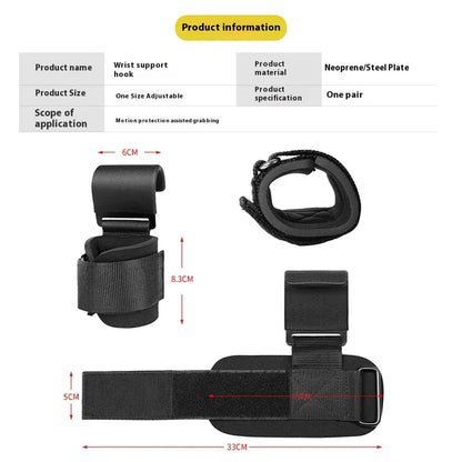 Dimensions and product information of weight-lifting hooks with wrist straps.