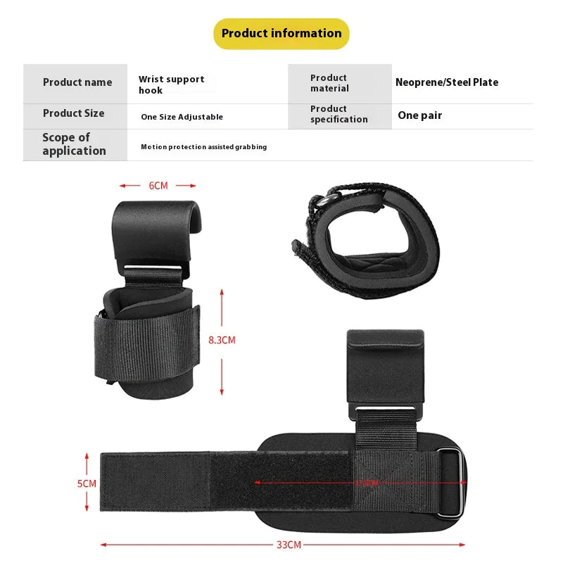 Dimensions and product information of weight-lifting hooks with wrist straps.