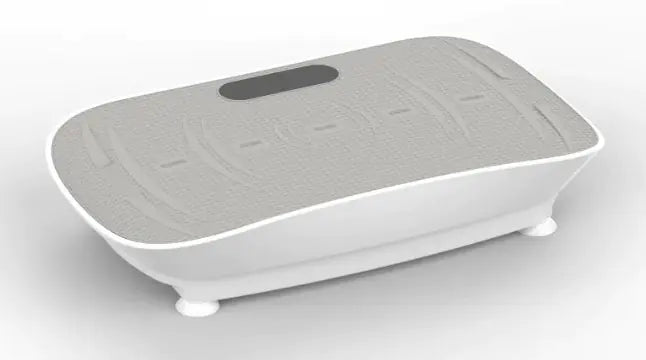 Grey vibration plate with a digital display on a reflective surface.