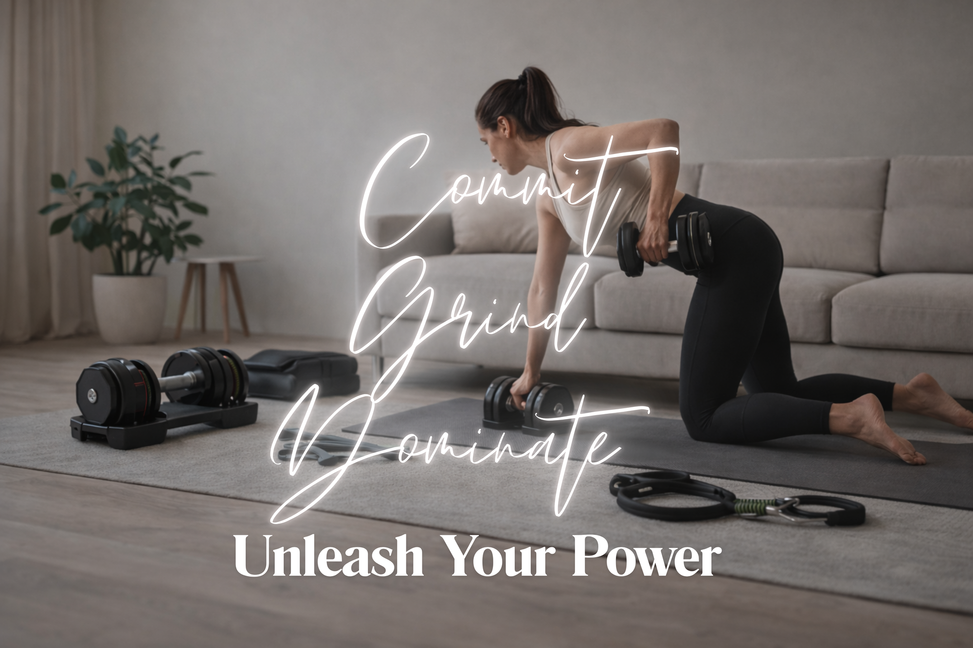 Woman exercising with dumbbells on a mat in a living room, with motivational text overlay.