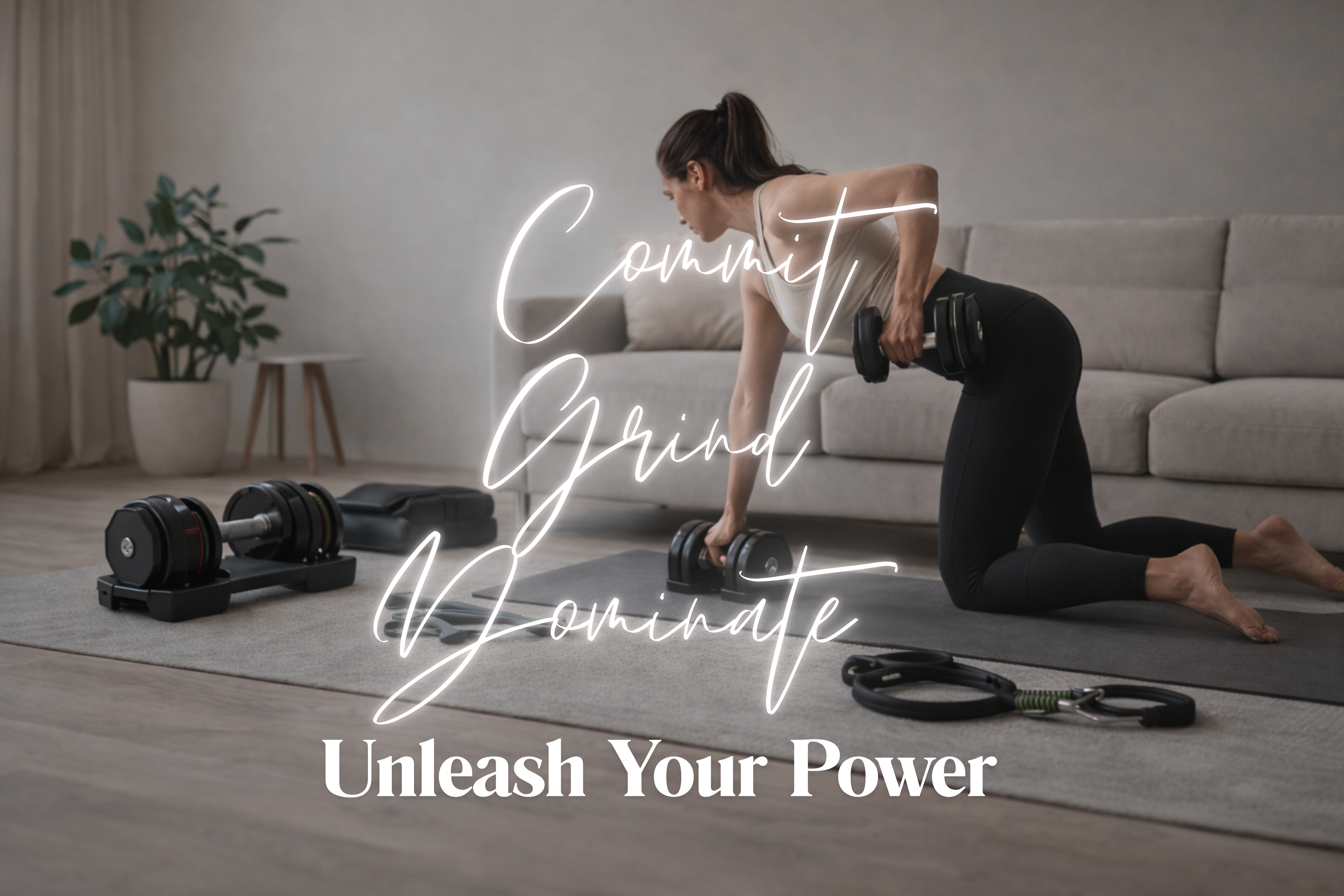Woman exercising with dumbbells on a mat in a living room, with motivational text overlay.
