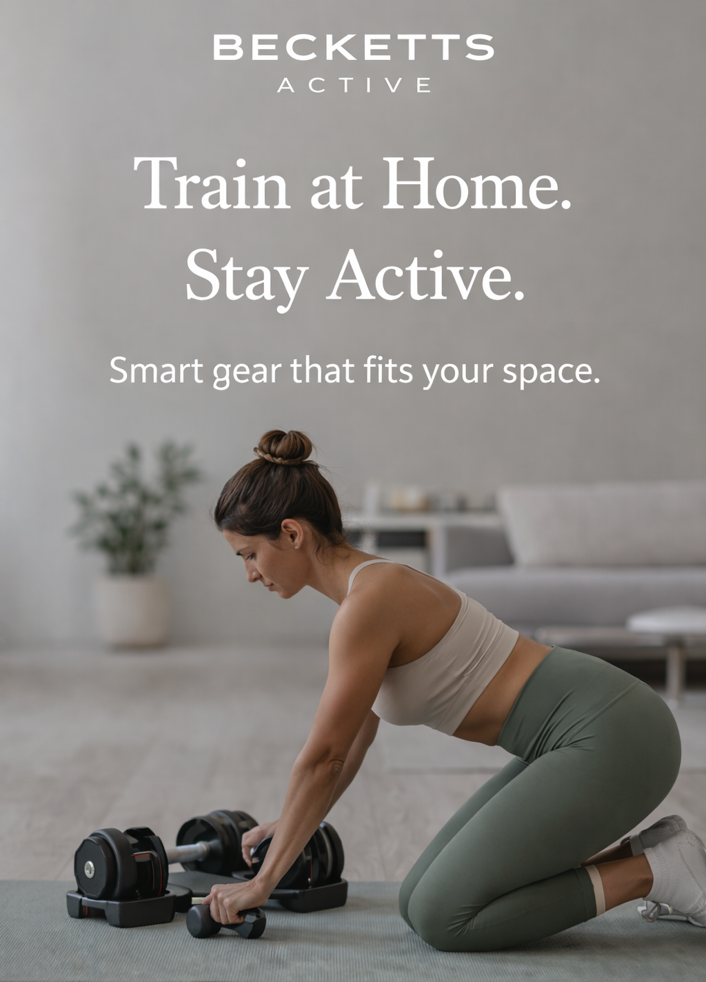 Woman exercising with dumbbells in a home setting, promoting Becketts Active smart gear.