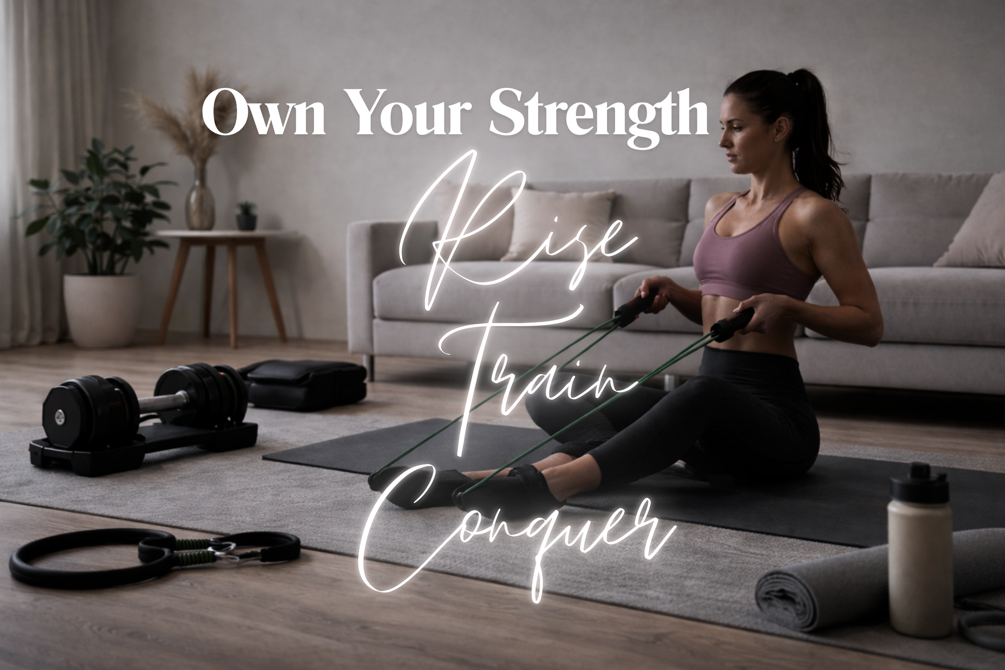 Woman exercising with resistance bands in a home setting, with motivational text overlay.