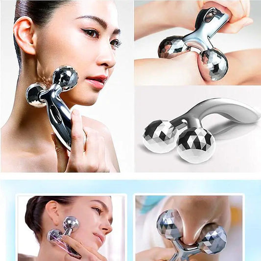 Manual facial and body massage roller for home use with ergonomic handle and smooth rolling head.