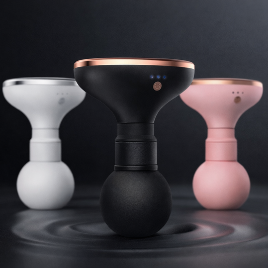 Three mini percussion muscle massagers in black, white, and pink.