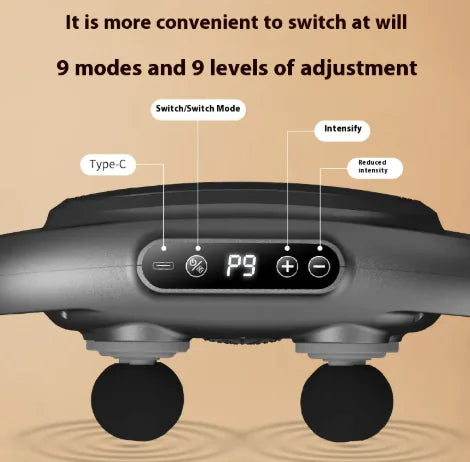 Percussion massage gun showing six interchangeable massage heads for targeted muscle therapy and pain relief.