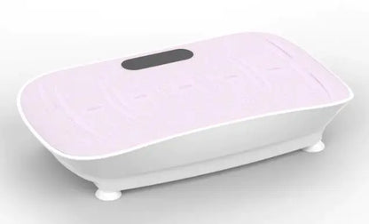 Pink vibration plate with a digital display on a reflective surface.
